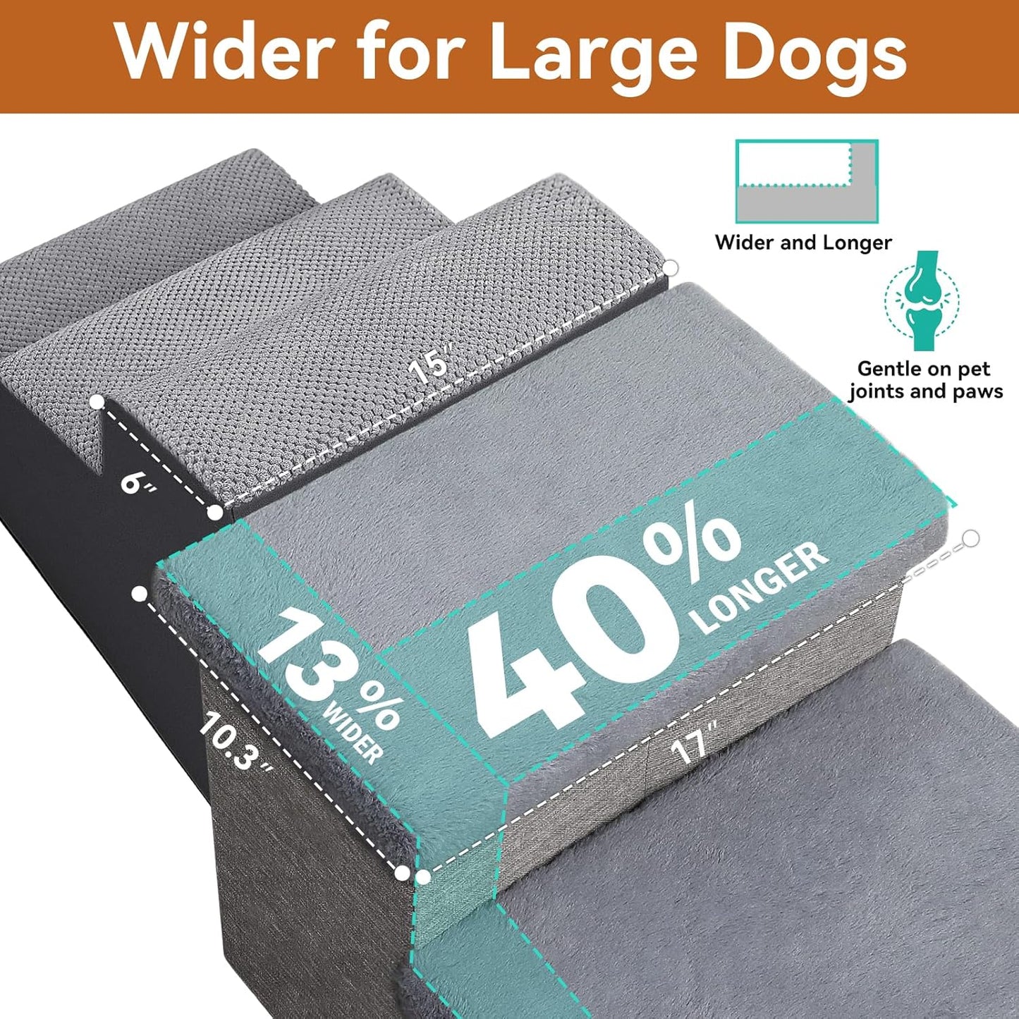 Dog Stairs with Furry Lids 18" H, 3-Step Wider Dog Steps with Storage for Small/Medium/Large Old Dogs Cats, Folding Sturdy Pet Stairs Climbing Bed Couch, Ramp for Car Hold Up to 200 lbs, Grey - Pet Explorer