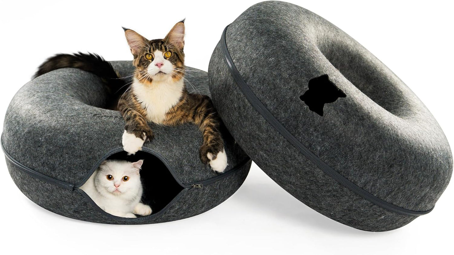 Cattasaurus Peekaboo Cat Cave, Extra Spacious for Multiple & Large Cats 12+ lbs, Scratch Detachable Beds for Indoor Cats, Washable Tunnel Bed, Comfy Cat Donut Tunnel (Dark Gray+Dark Gray, Jumbo) - Pet Explorer