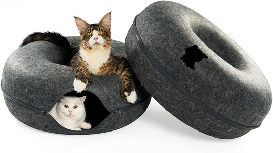 Cattasaurus Peekaboo Cat Cave, Extra Spacious for Multiple & Large Cats 12+ lbs, Scratch Detachable Beds for Indoor Cats, Washable Tunnel Bed, Comfy Cat Donut Tunnel (Dark Gray+Dark Gray, Jumbo) - Pet Explorer