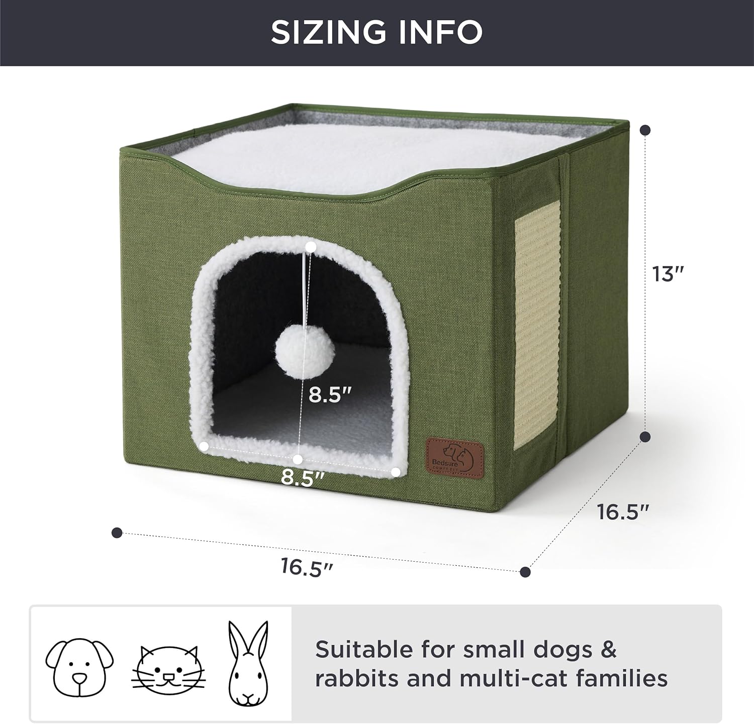 Bedsure Cat Beds for Indoor Cats - Large Cat Cave for Pet Cat House with Fluffy Ball Hanging and Scratch Pad, Foldable Cat Hideaway, 16.5x16.5x13 inches, Loden Green - Pet Explorer