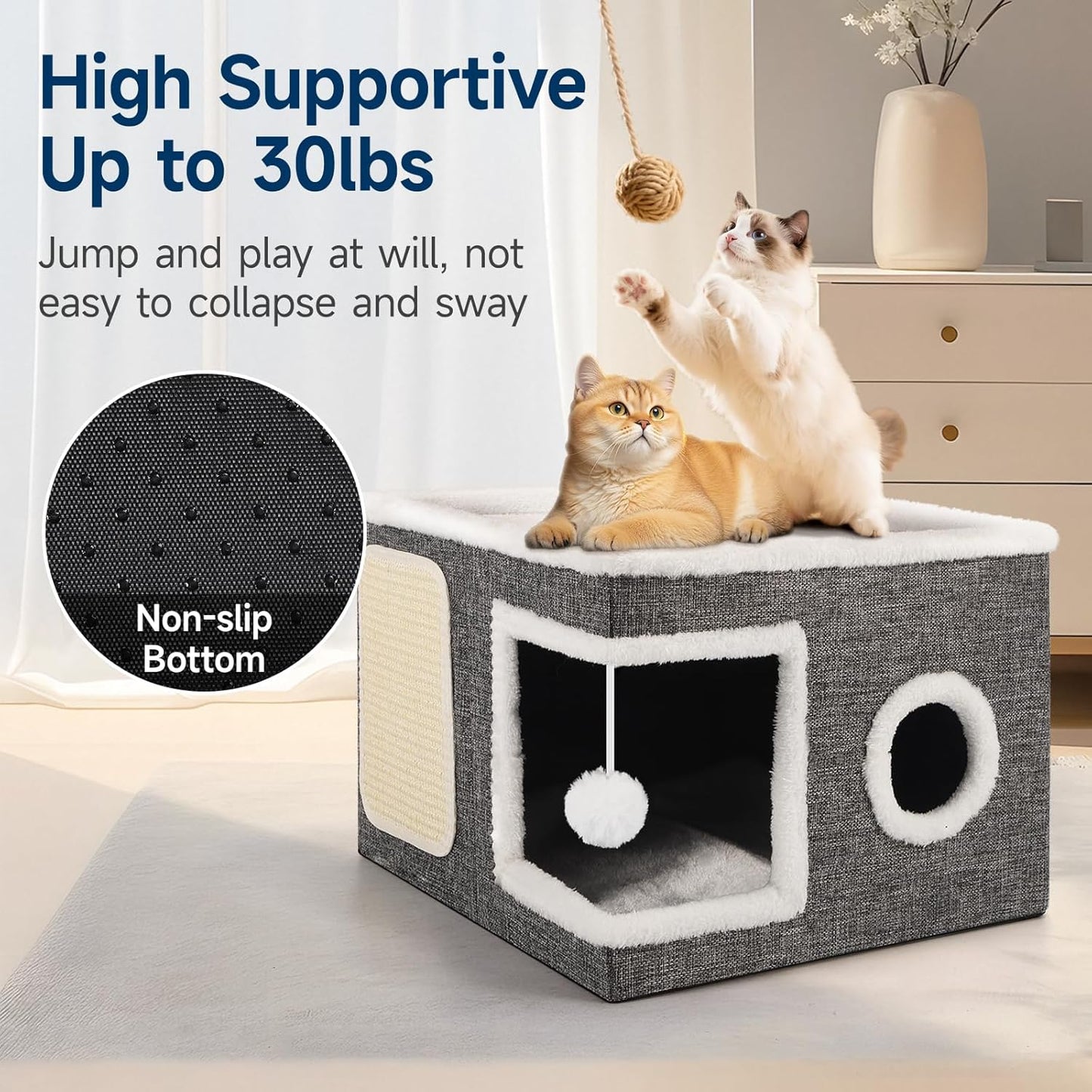 Cat Beds for Indoor Cats, Large Cat Cave with Cozy Condo, Fluffy Hanging Ball, Round Window, Foldable Indoor Cat House Hold Up to 30LBS, Cat Hideaway with Double-Sided Soft Cushions for All Seasons - Pet Explorer