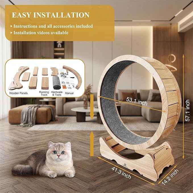 Cat Wheel, 53" XXL Large Cat Treadmill for Indoor Pets, Cats Exercise Running Wheel with Detachable Carpet, Quiet and Sturdy, Suitable for Most Cats Running/Walking/Training