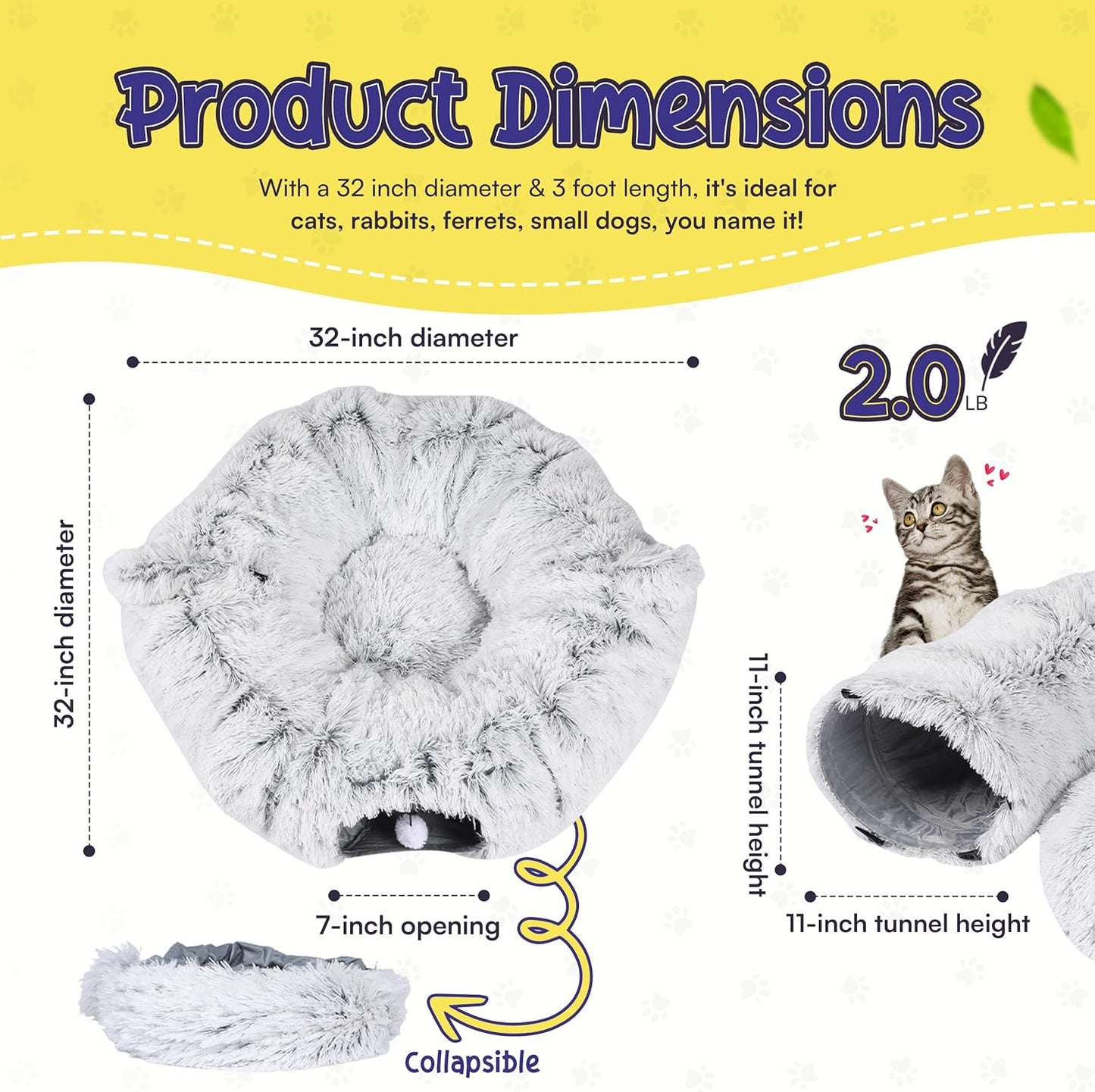 Cat Tunnel Bed Cave with Catnip Toys - Peekaboo Cat Hideaway & Cat Donut Tunnel - 3-in-1 Cat Tunnels for Indoor Cats - Foldable Cute Cat Bed - 32" Washable - Pet Explorer