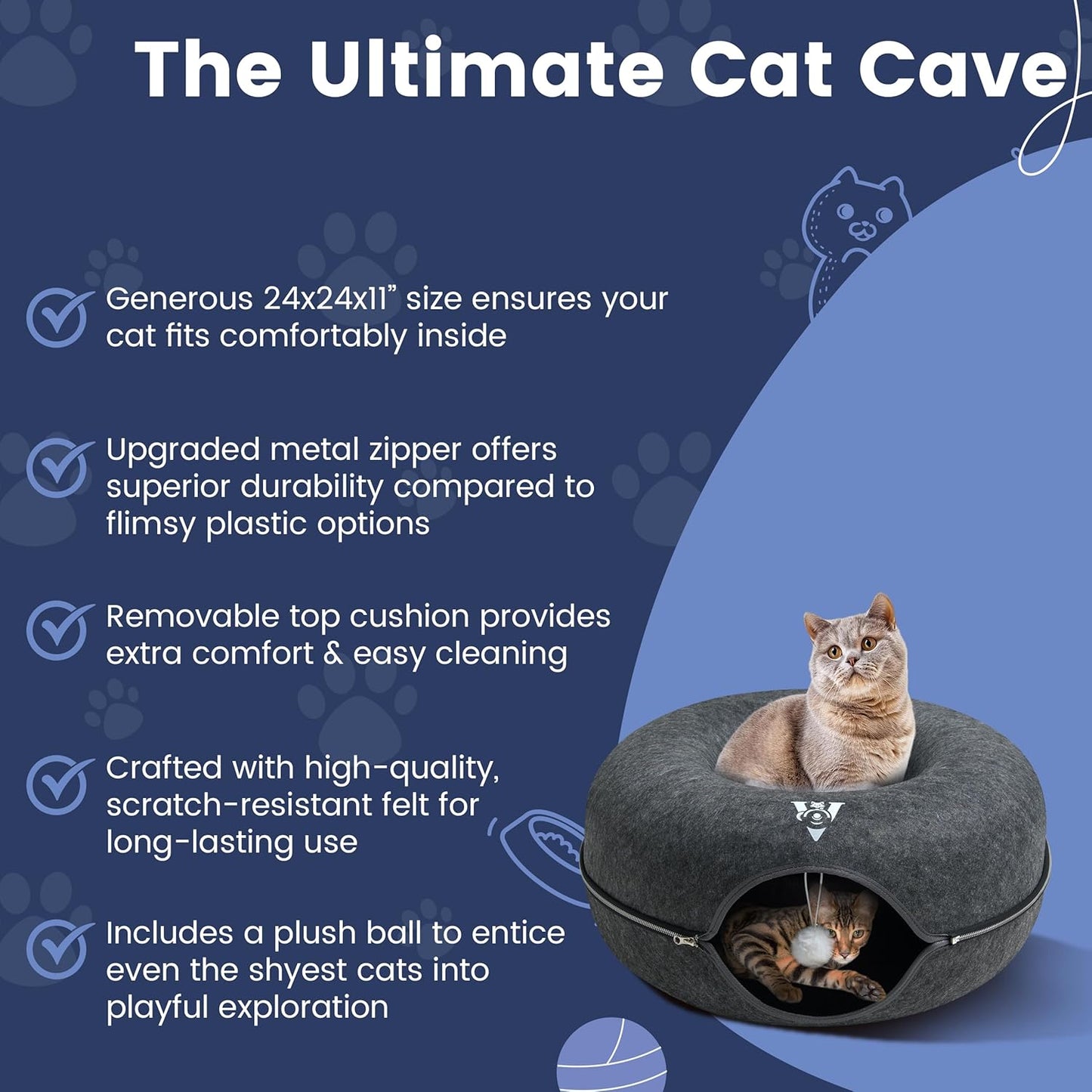 Premium Large Size 24 Inch Cat Tunnel Bed - With Upgraded Metal Zipper - Detachable Round Design - Washable - and Scratch Resistant - Includes 3 Toys and Removable Cushion - Pet Explorer