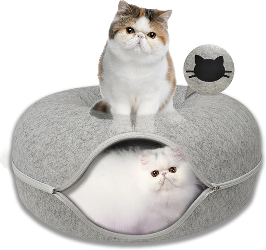 Donut Cat Tunnel Bed Peekaboo Cat Cave for Large Cats Up to 30 Lbs, Kitty Interactive Playing Tent House for Multiple Cats,Detachable,Scratch Resistant (Light Gray, Large - 24 Inch Diameter) - Pet Explorer