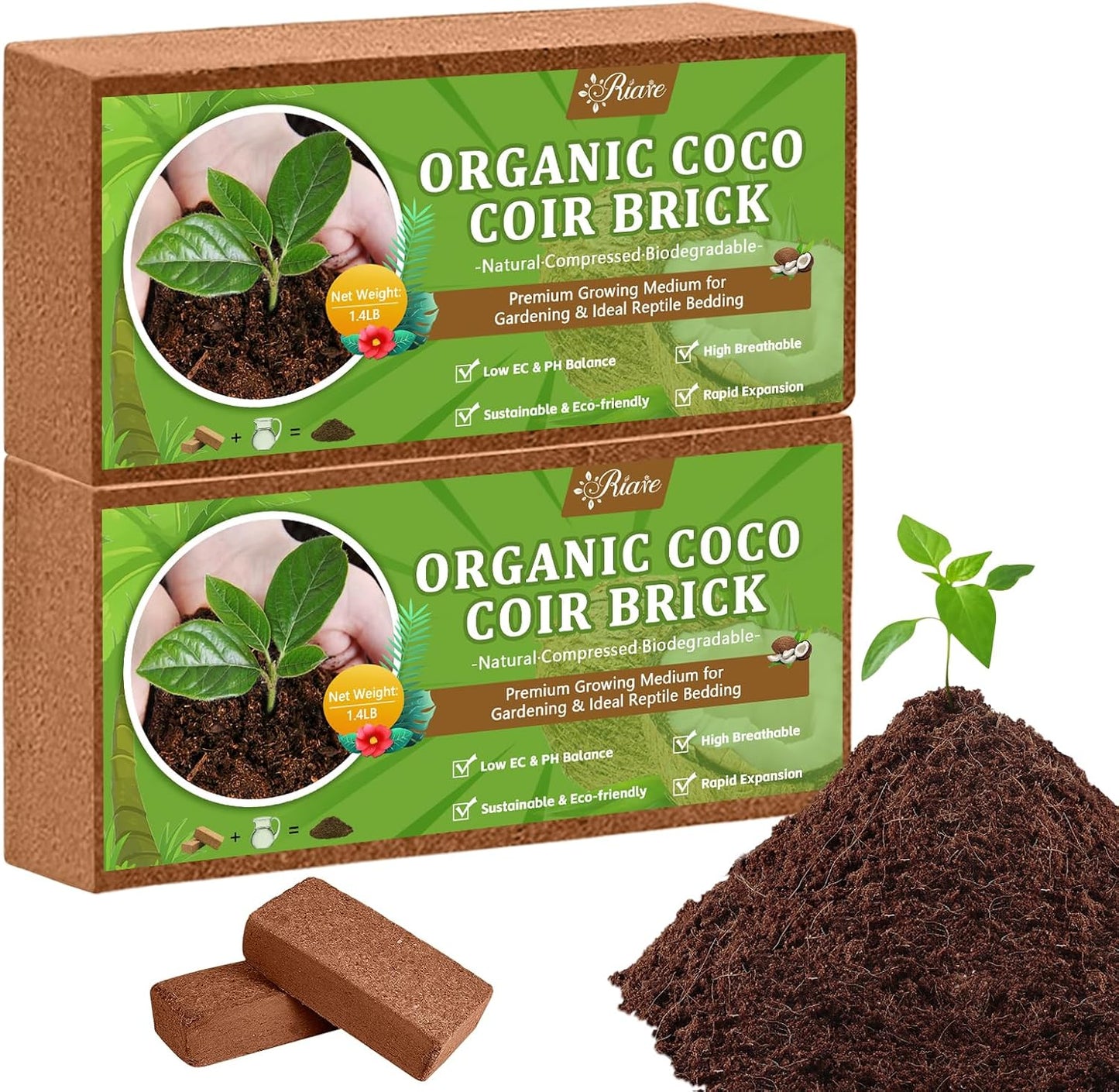 Riare 2pcs Organic Coco Coir Bricks Soil Blocks- 100% Natural Compressed Coco Peat Brick Coconut Fiber Substrate with Low EC& pH Balance, High Expansion Coco Coir Pith Coconut Husk for Garden - Pet Explorer