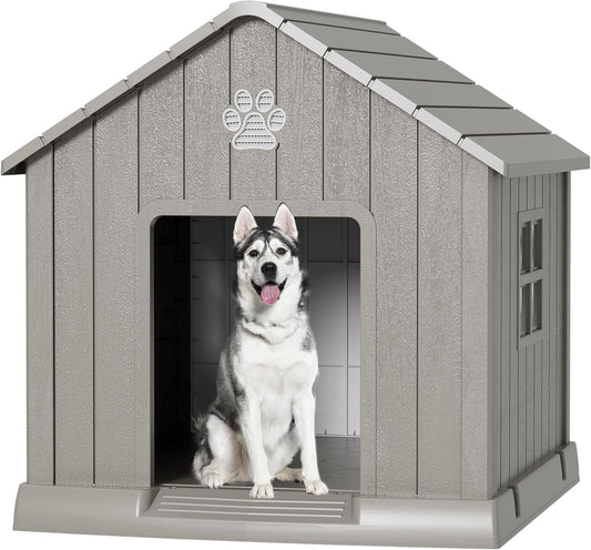 Large Dog House Outdoor Indoor for Medium Large Dogs, Durable Plastic Waterproof Doghouse with Air Vents and Elevated Floor, Easy Clean and Assemble (Grey, 37.2" L x 40" W x 40" H) - Pet Explorer