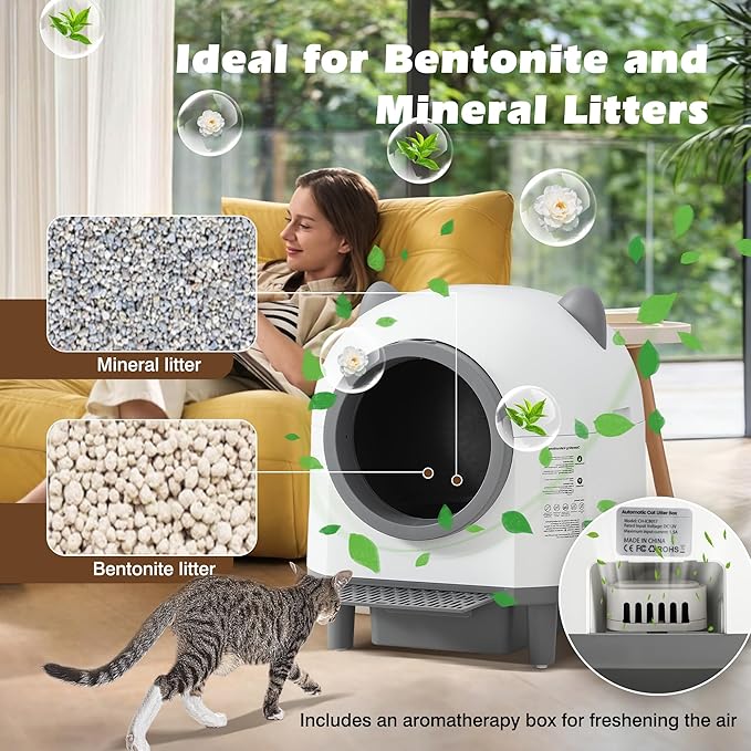 Grepatio Automatic Cat Litter Box for Multiple Cat, Self Cleaning Cat Litter Box with APP Control, Safe Anti-Pinch, Weight Monitoring, Smart Litter Box Include Scent Cartridge, 2-Roll Garbage Bags