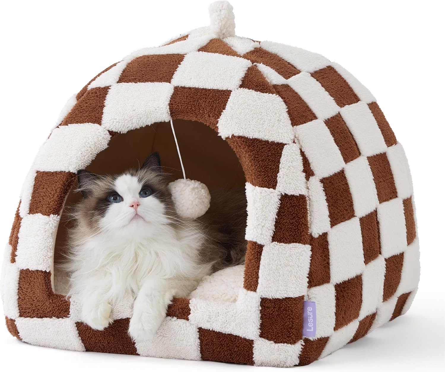 Lesure Cute Cat Beds for Indoor Cats - 2 in 1 Cat Cave Bed for Large Cats, House with Removable Washable Cushioned Pillow, Cozy Tent House with Non-Slip Bottom, Brown, 17.3 inches - Pet Explorer