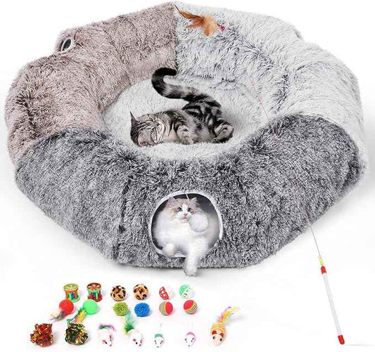 Odoland Large Cats Tunnels for Indoor Cats Fluffy Warm Cat Bed and Detachable Cave Tunnels with 20 Pet Toys, Donut Tunnel and Variety Kitten Toy Set for Chewing Playing