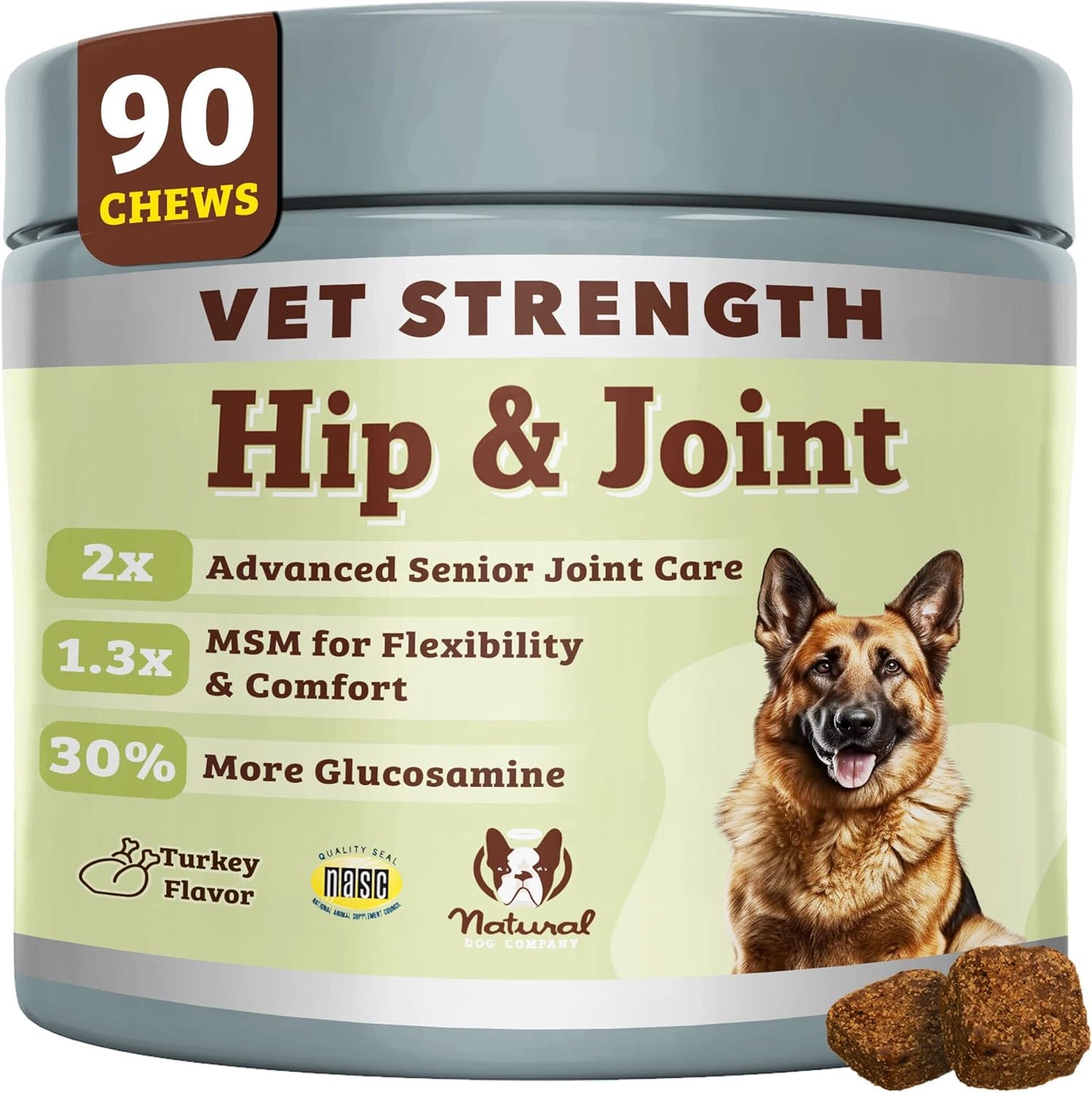 Natural Dog Company Vet Strength Hip & Joint Chews for Senior Dogs (90ct) Joint & Flexibility Support, Arthritis Relief for Senior Dogs, 1.3X Glucosamine, 2X Green Lipped Mussel & MSM for Dog Mobility - Pet Explorer