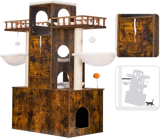 Heybly Cat Tree with Litter Box Enclosure for Indoor Big Cat, Cat Tower for Large Cats 20lbs Heavy Duty, Modern Cat Condo Furniture with Scratching Posts, Rustic Brown HCT110SR