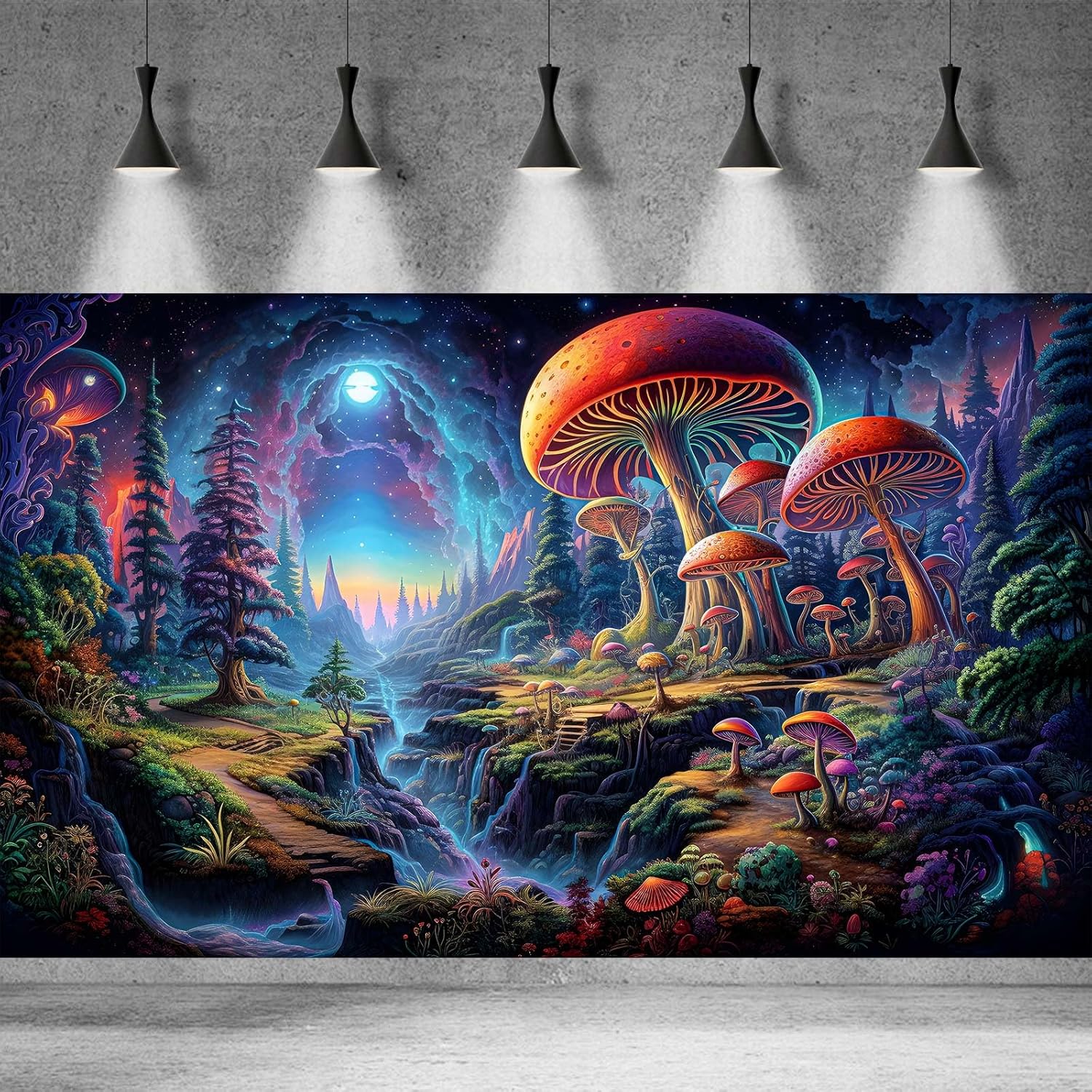 Forest Aquarium Background Fantastic Cartoon Forest Landscape with Mushrooms and Flowers Terrarium Background Fantasy Pine Tree Mysterious Mushroom Theme Fish Tank Backdrop Poster Decor 30x12in - Pet Explorer