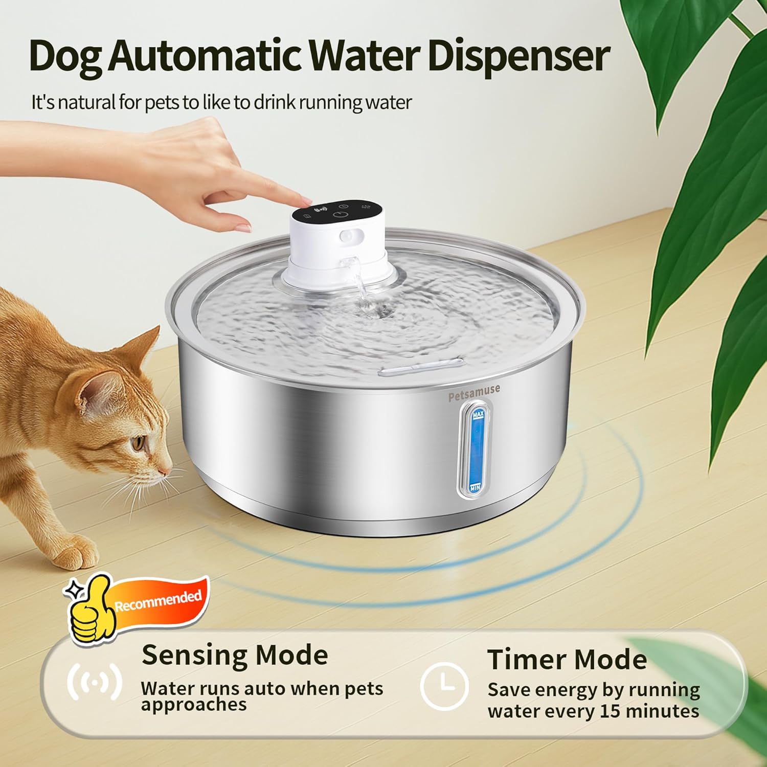 Stainless Steel Dog Water Fountain, 2.1Gal/8L Wireless Battery Operated Large Dog Water Bowl Dispenser Motion Sensor Water Fountain Dog Bowl Inside with 13 Filters and 2 Ultra Quiet Pumps - Pet Explorer