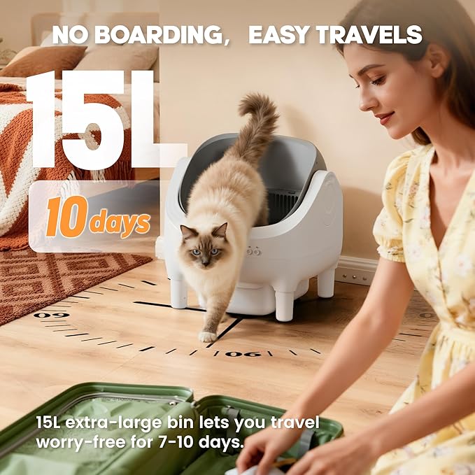 Greesum Self Cleaning Cat Litter Box – Automatic Open-Top Smart Litter Box with App Control, 15L Odor-Sealed Waste Bin, Ultra Quiet 35dB, Multi-Cat & Large Cat Compatible, with Trash Bags & Mat