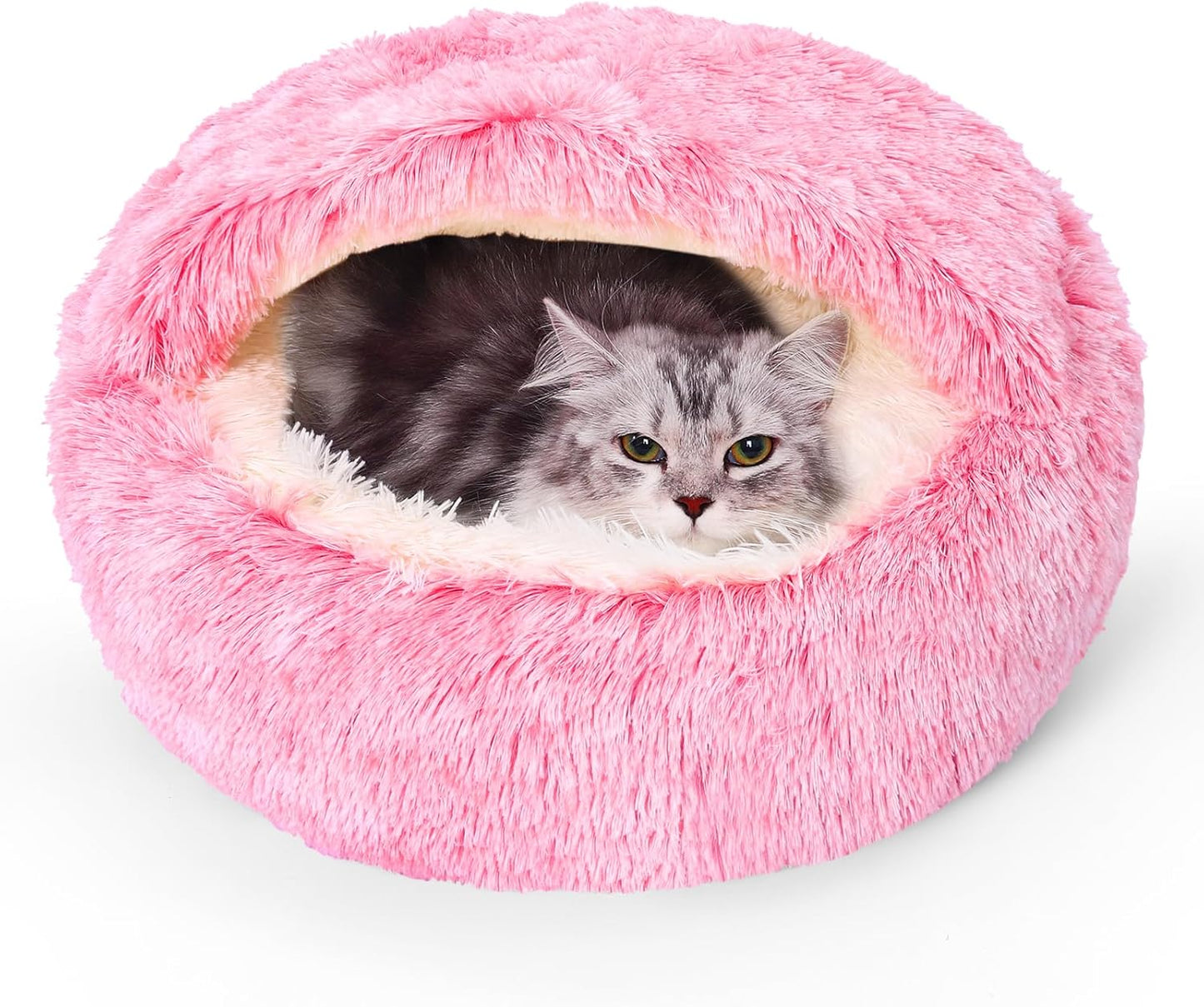 Calming Dog Beds & Cat Cave Bed with Hooded Cover,Removable Washable Round Beds for Small Medium Pets,Anti-Slip Faux Fur Fluffy Coved Bed for Improved Sleep,Fits up to 15/25 lbs(Pink,S) - Pet Explorer