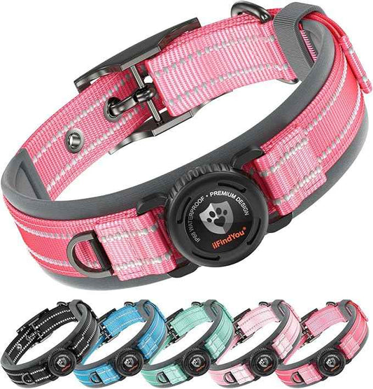 Upgraded AirTag Dog Collar with Holder, Waterproof Reflective Air Tag Dog Collar with widened Comfortable Padding & Ultra-Durable Metal Buckle, Adjustable for eXtra Large Dogs (XL, Rose Red)