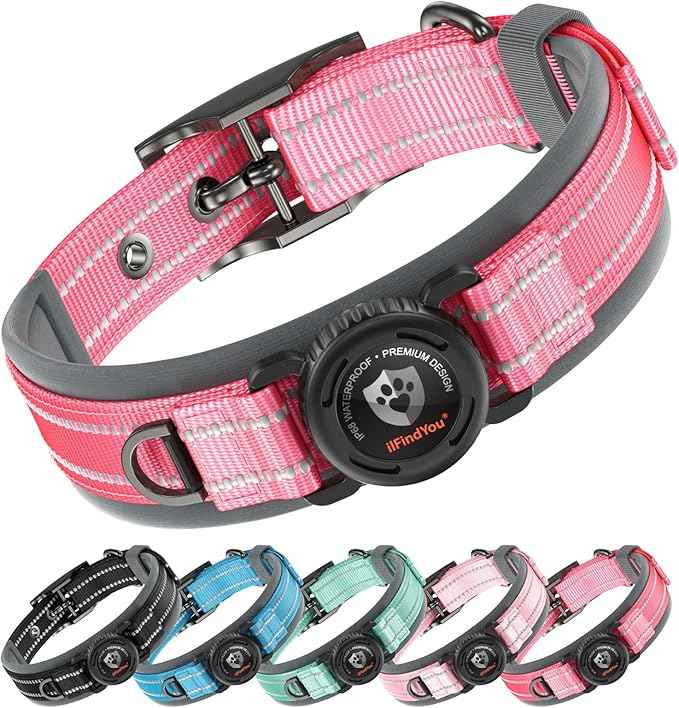 Upgraded AirTag Dog Collar with Holder, Waterproof Reflective Air Tag Dog Collar with Widened Comfortable Padding & Ultra-Durable Metal Buckle, Adjustable for Medium Dogs (M, Rose Red)