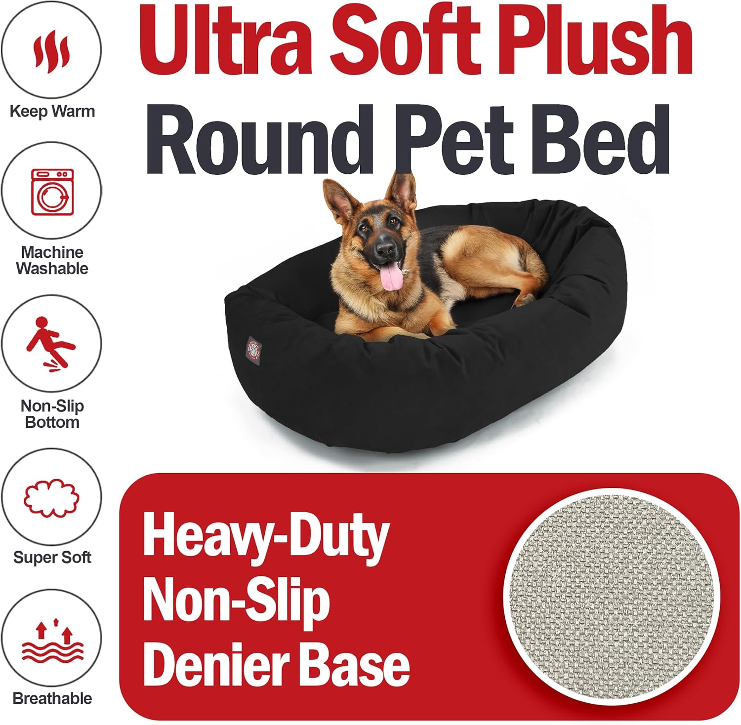 Majestic Pet 52 Inch Suede Shredded Memory Foam Mix Calming Extra Large Dog Bed Washable 52 x 35 x 11 (Inch) - Cozy Soft Round Donut Dog Bed with Spine for Head Support - Pet Bed Black - Pet Explorer