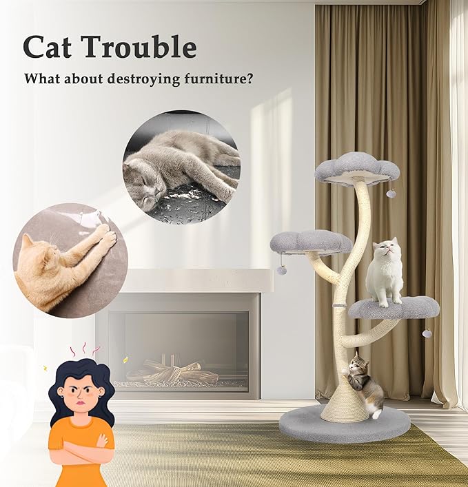 FKWin 48" Tall Cat Tree,Flower Shape Design,Scratching Post Condo,Multi-Level Furniture Activity Center,Kittens Pet House Play with Hang Ball,Plush Cat Tower for Large Cats (Gray-3 Tiers)