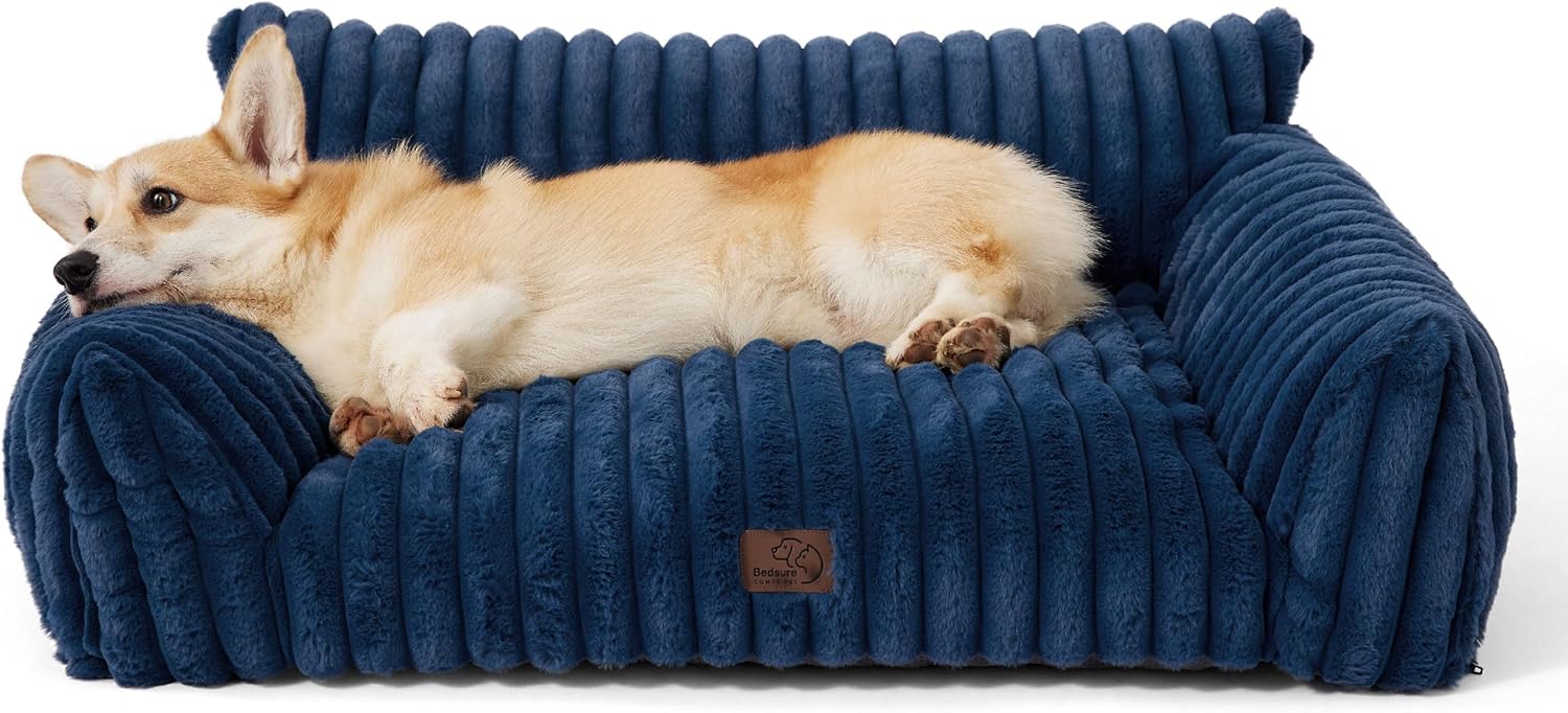 Bedsure Cute Dog Couch for Pets - Fluffy Dog Sofa with Premium Soft Corduroy Fleece, Pet Couch Bed with Washable Cover, Supportive Pet Sofa Bed for Medium Large Dogs, 36inch, Night Blue - Pet Explorer