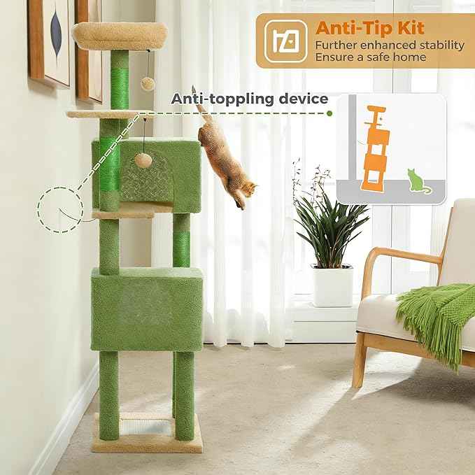 62" Cactus Cat Tree for Large Cats, Multi-Level Cat Tower with 2 Plush Condos, Soft Bed, Scratching Posts & Pad, Padded Perch & 2 Hanging Pompoms for Indoor Cats, Green