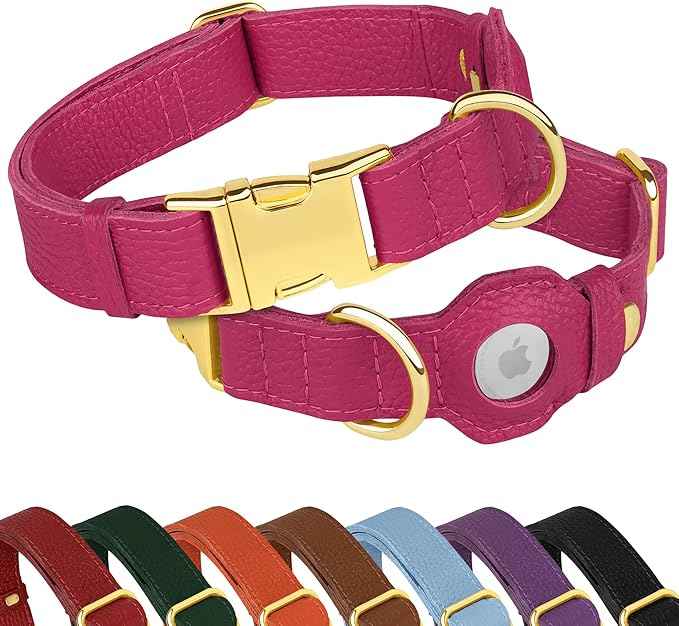 Leather Airtag Dog Collar - Soft Tracking Dog Collar with Apple AirTag Holder and Metal Buckle - Safety GPS Pet Collars for Small Medium Large Dogs Puppy Pink Red (Pink, M, 14"-18" Neck Fit)