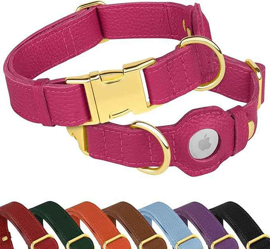 Leather Airtag Dog Collar - Soft Tracking Dog Collar with Apple AirTag Holder and Metal Buckle - Safety GPS Pet Collars for Small Medium Large Dogs Puppy Pink Red (Pink, M, 14"-18" Neck Fit)