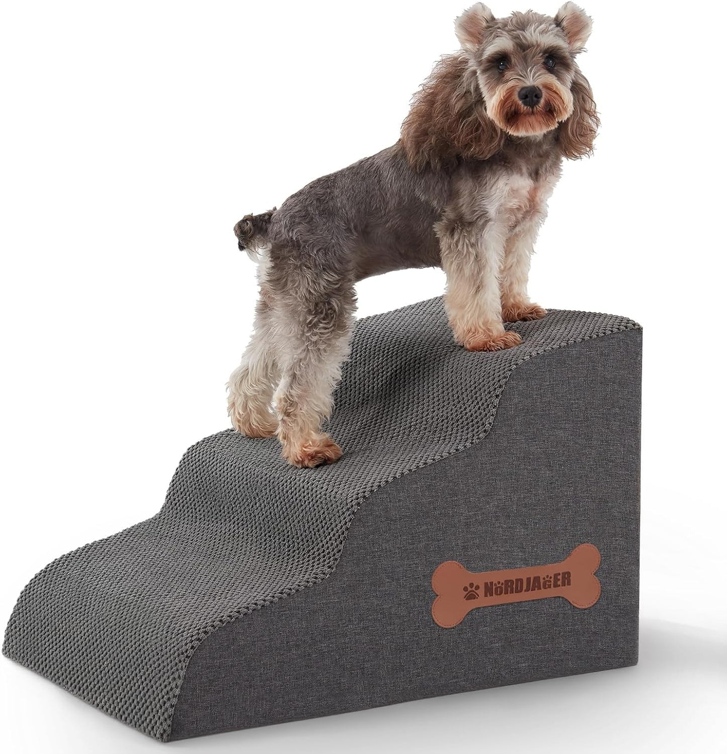 Dog Stairs 3-Step for Small Dogs and Cats to Get on Bed and Furniture/Windows, Pets Can Climb, Sit, or Perch to Look Out Windows, Extra Wide Dog Steps, Non-Slip Waterproof Fabric Cover, Grey（15.7" H） - Pet Explorer