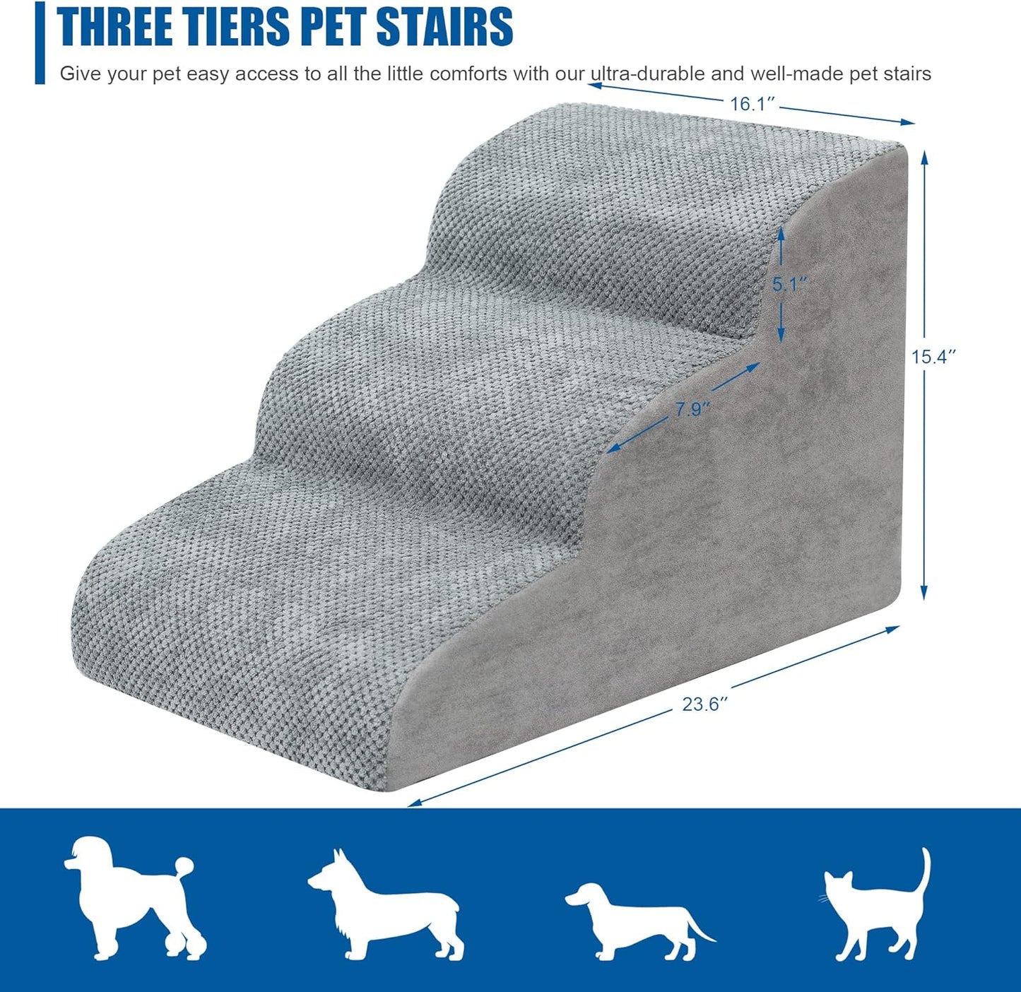 Dog Stairs for Small Dogs - High Density Foam Dog Ramp, Extra Wide Pet Steps with Non-Slip Bottom for High Beds, Couche and Sofa, Best for Dogs Injured, Older Doggy Cats (Grey, 3 Steps) - Pet Explorer