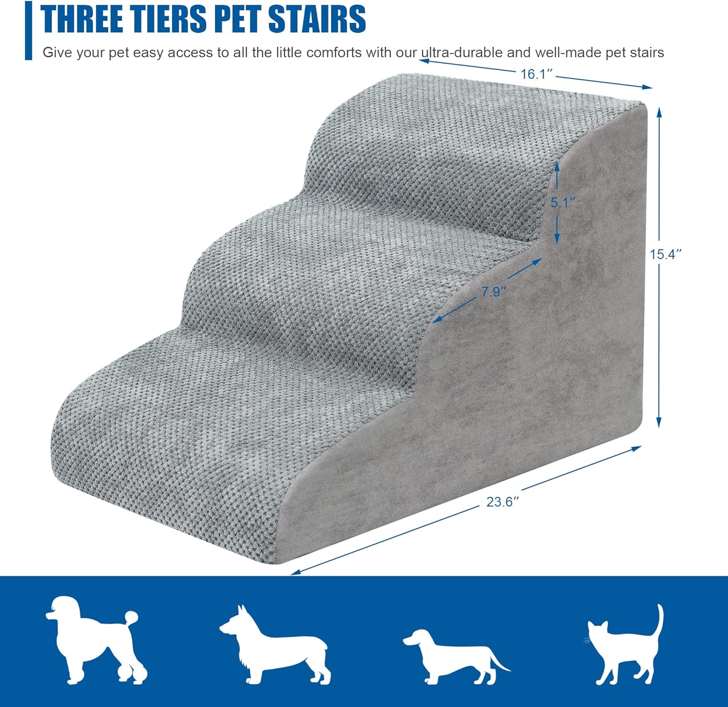 Dog Stairs for Small Dogs - High Density Foam Dog Ramp, Extra Wide Pet Steps with Non-Slip Bottom for High Beds, Couche and Sofa, Best for Dogs Injured, Older Doggy Cats (Grey, 3 Steps) - Pet Explorer