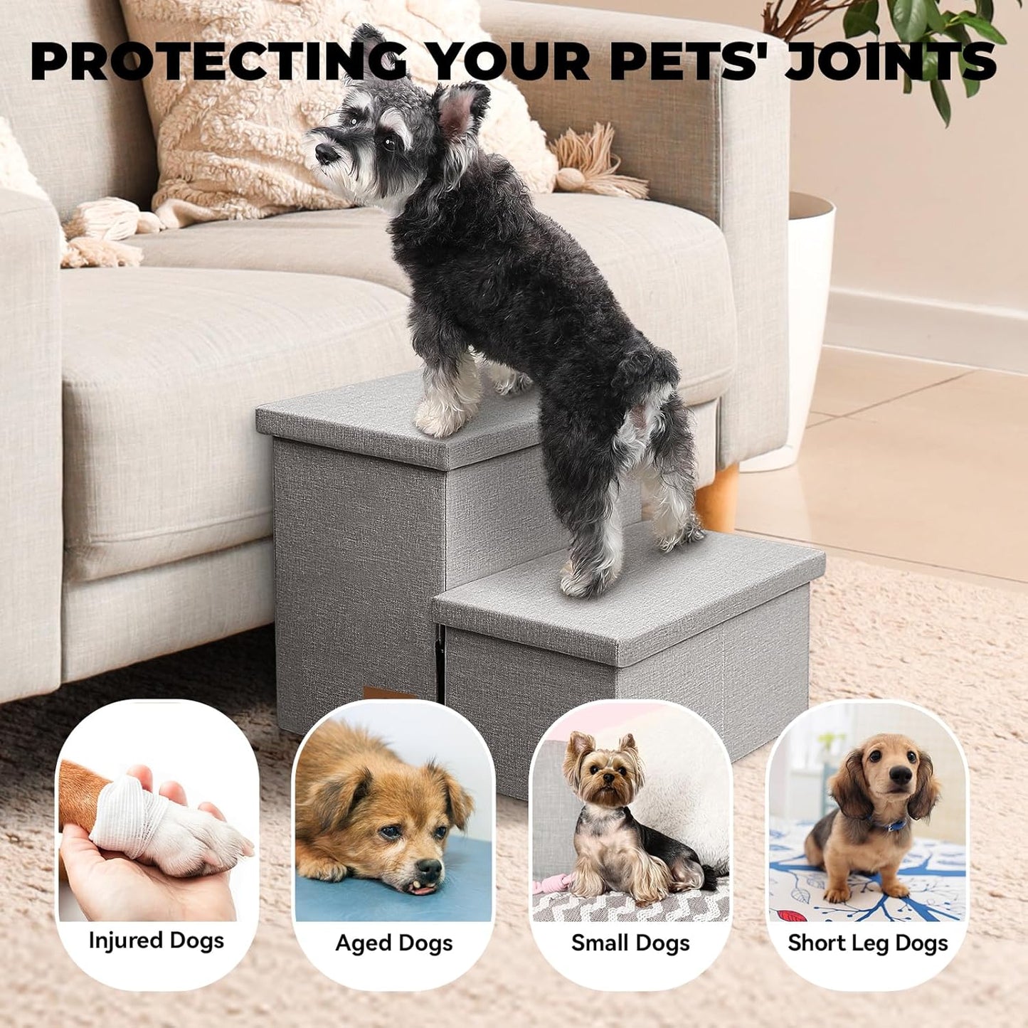 Dog Stairs with Storage 12" H, 2-Step Wider Dog Steps for Dogs Cats, Folding Sturdy Pet Stairs Climbing Sofa Couch, Ramp for Car Hold Up to 150 lbs (Gray, No Condo) - Pet Explorer