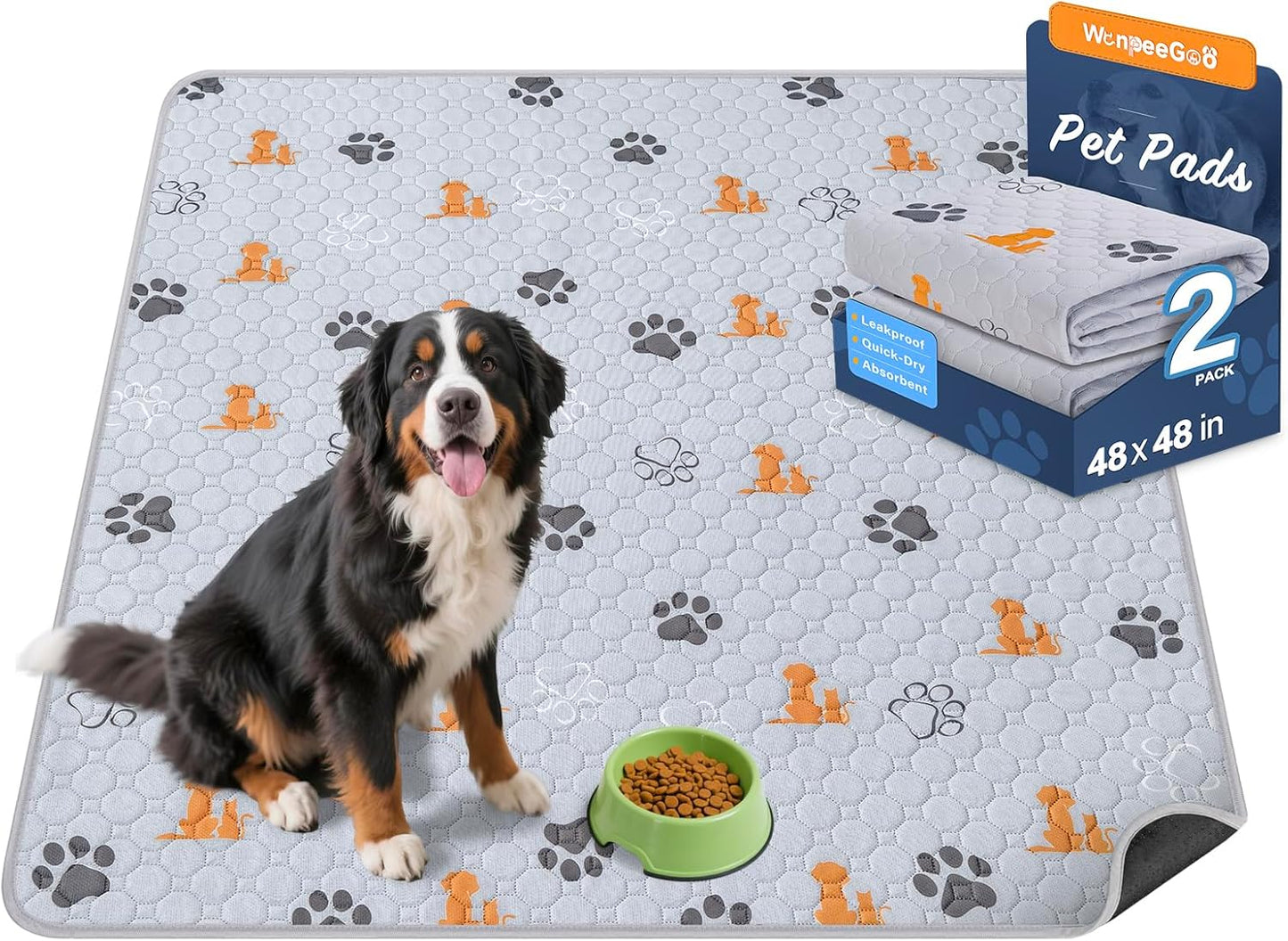 Washable Pee Pads for Dogs, 2 Pack Absorbent Reusable Training Dog Pads Pet Puppy Pads, Non-Slip Potty Pads for Whelping, Playpen, Crate, Bed, Orange, 48"x48" - Pet Explorer