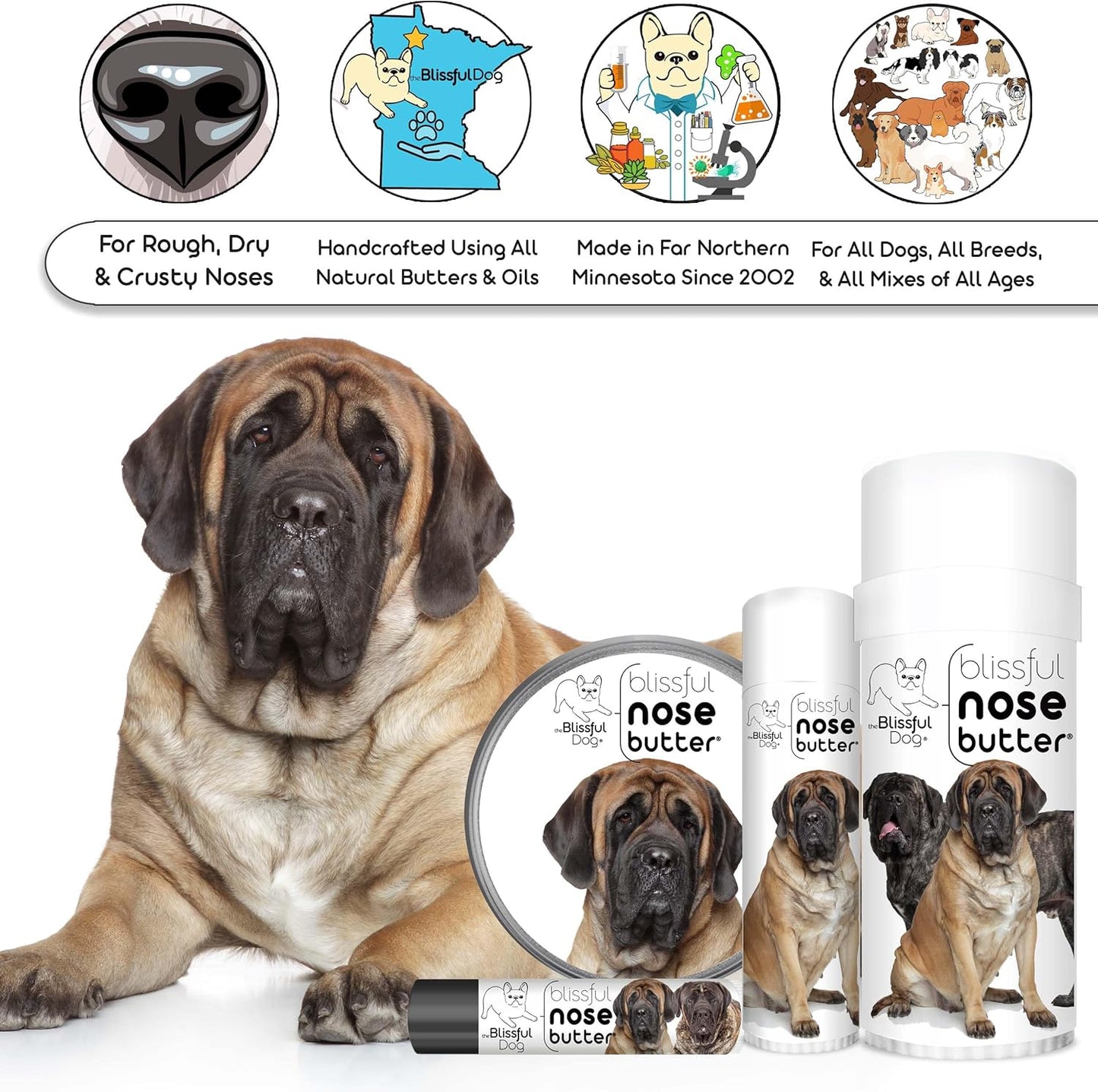 The Blissful Dog Mastiff Nose Butter for Dry, Cracked Skin, Lick-Safe Dog Nose Balm with Moisturizing Shea Butter, Almond, Olive, and Essential Oils, Pet Supplies, Uncented, 0.50 oz. - Pet Explorer