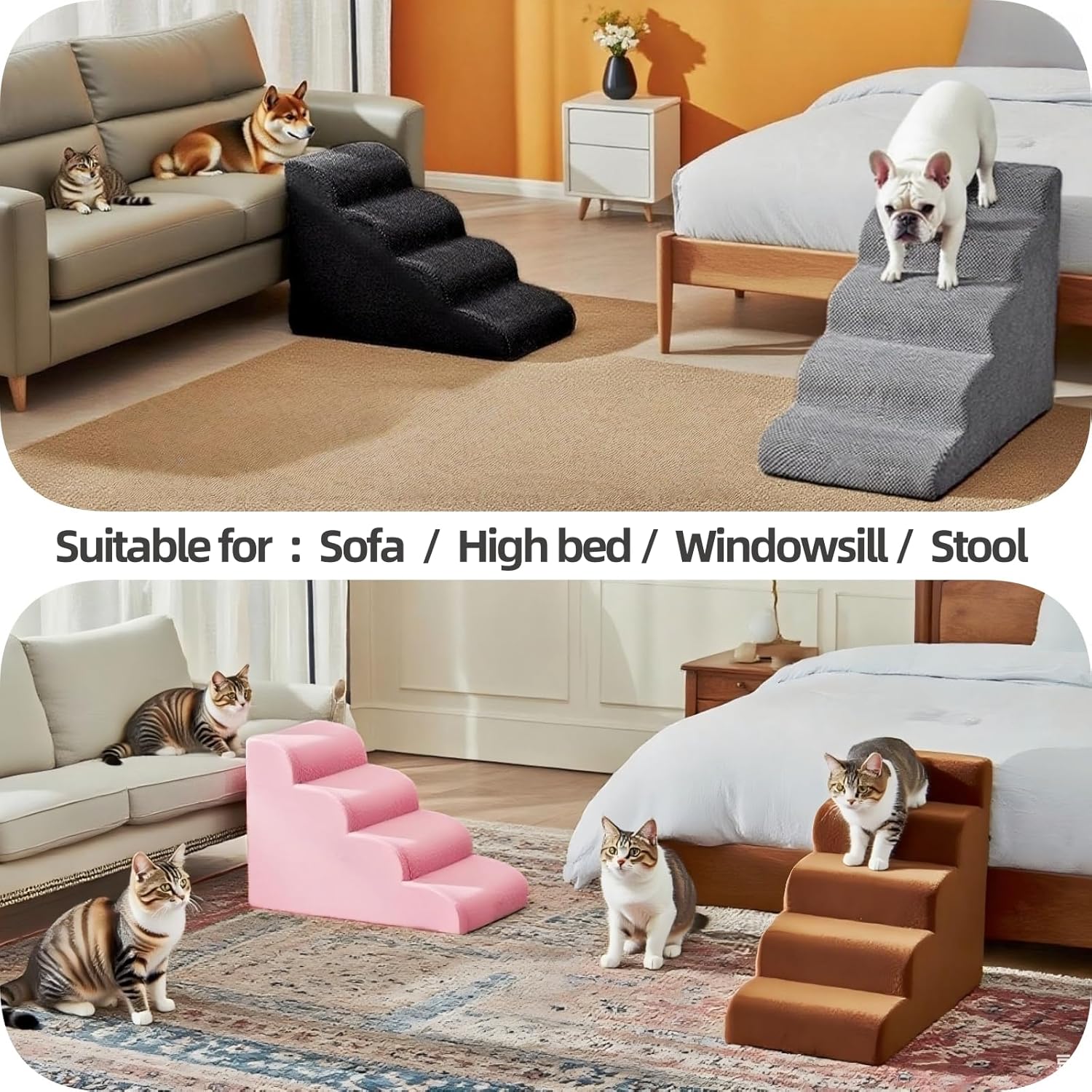 5 Step Pet Stairs Ramp for High Beds Sofas 5-30 Inch with Sturdy Non Slip Waterproof Pads, Machine Washable Cover Indoor Balanced Design for Cats Dogs Small Medium Large XL Pets Grey (Grey, Large, 1) - Pet Explorer