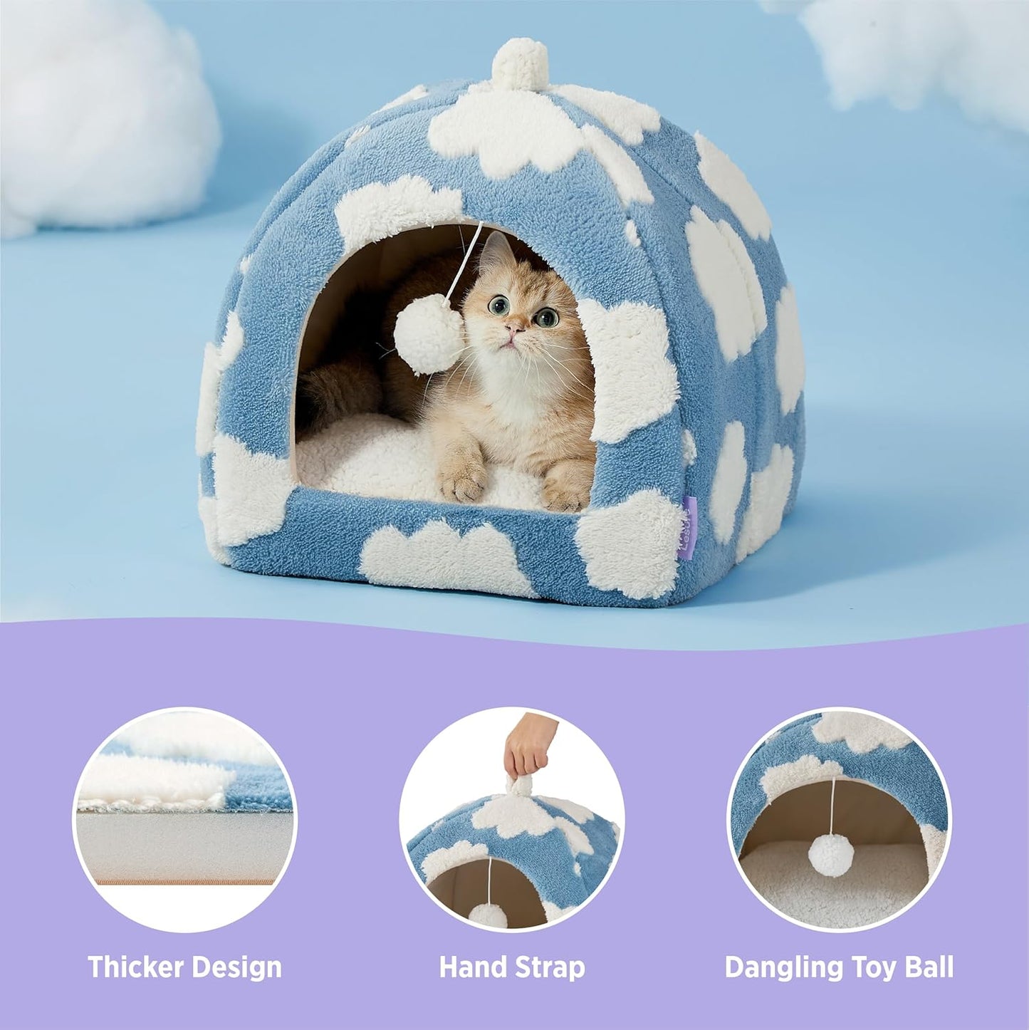 Lesure Cute Cat Beds for Indoor Cats - 2 in 1 Large Cat Cave Bed for Puppy and Small Dog with Removable Washable Cushioned Pillow, Cozy Kitten Tent with Non-Slip Bottom, Blue, 17.3 inches - Pet Explorer