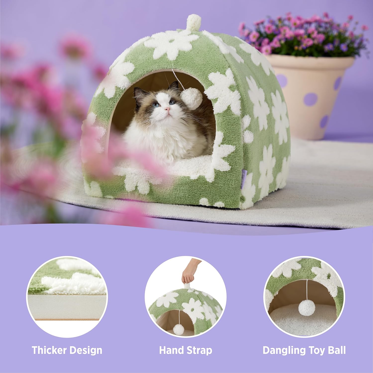 Lesure Cute Cat Beds for Indoor Cats - 2 in 1 Large Cat Cave Bed with Removable Washable Cushioned Pillow, Cozy Kitten Tent with Non-Slip Bottom, Green, 17.3 inches - Pet Explorer