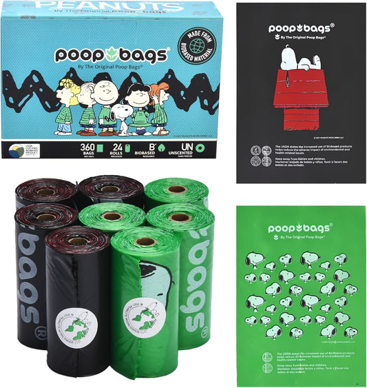 The Original Poop Bags® 38% USDA Biobased Pet Waste Bags, Peanuts Design, Leak-Resistant & Durable, Black/Green, 360 Count - Pet Explorer