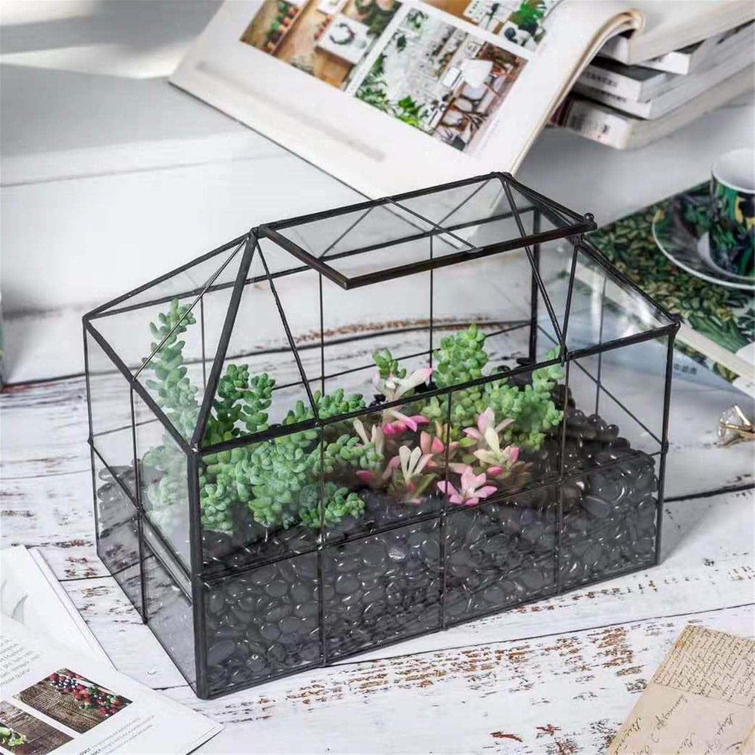 NCYP Glass Terrarium Planter with Lid for Small Succulent Cacti, Grid House Shape Black Geometric Terrarium Pot, Home Garden Indoor Tabletop Decor, 9.84" x 5.31" x 7.87" (No Plants) - Pet Explorer