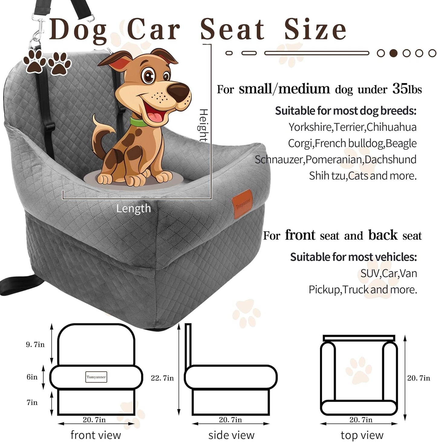 Dog Booster Car Seat with 7 Inches of Interior Height,Elevated Pet Car Seat for Small/Medium Sized Dogs,Puppy Portable Car Seat,Washable Removable Cover Travel Safety Car Seat,Easy to Use(H-Grey) - Pet Explorer