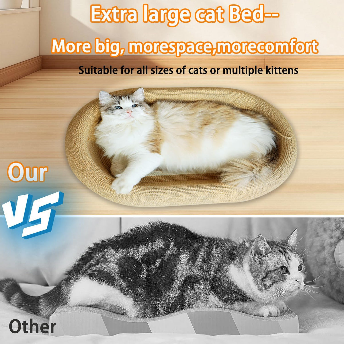 3-in-1 Sisal Scratching Board Bed, for Indoor Cats, Large Oval Cat Scratching Board, Toys for Playing and Nursing Paws (24x15x5 inches) (Large Size, Cat Bed - with Cooling Pad)