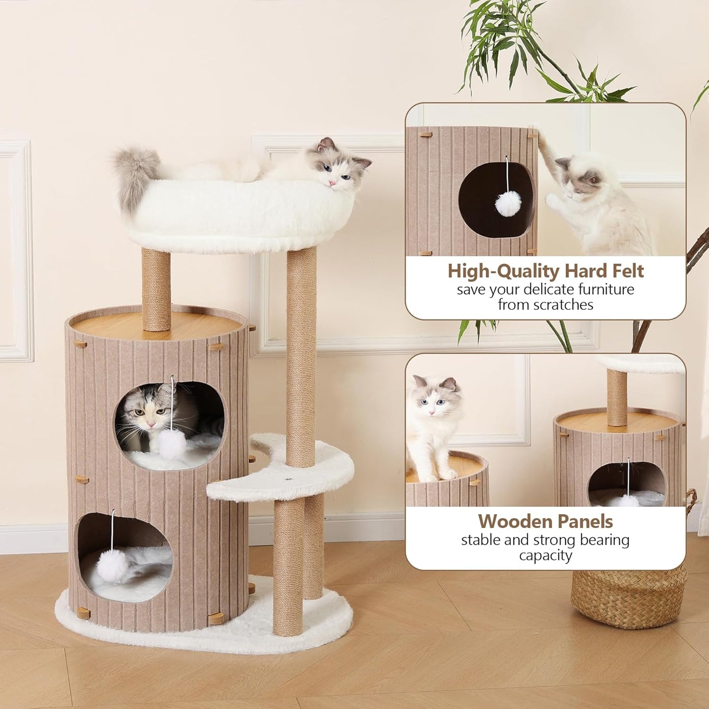 Cat Tree Tower with 2-Storey Large Felt Cat Bed Cave, Cozy Cats Tunnel Condo with Washable Cushions, 36.6" - Pet Explorer