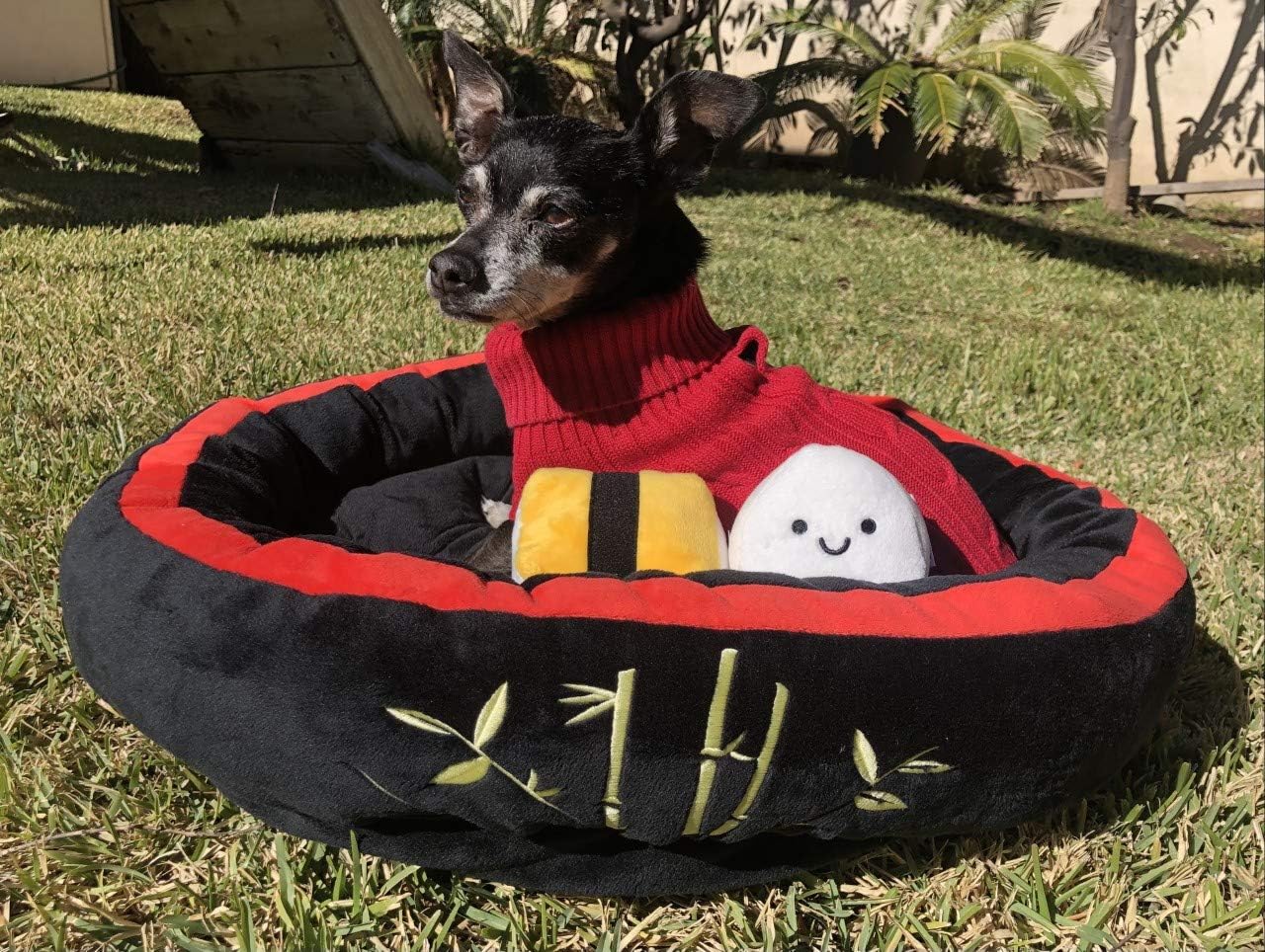 TONBO Soft Plush Small Cute and Cozy Sushi Dog Cat Bed with Two Sushi Crinkle Toys, Washer and Dryer Friendly, (Black) - Pet Explorer