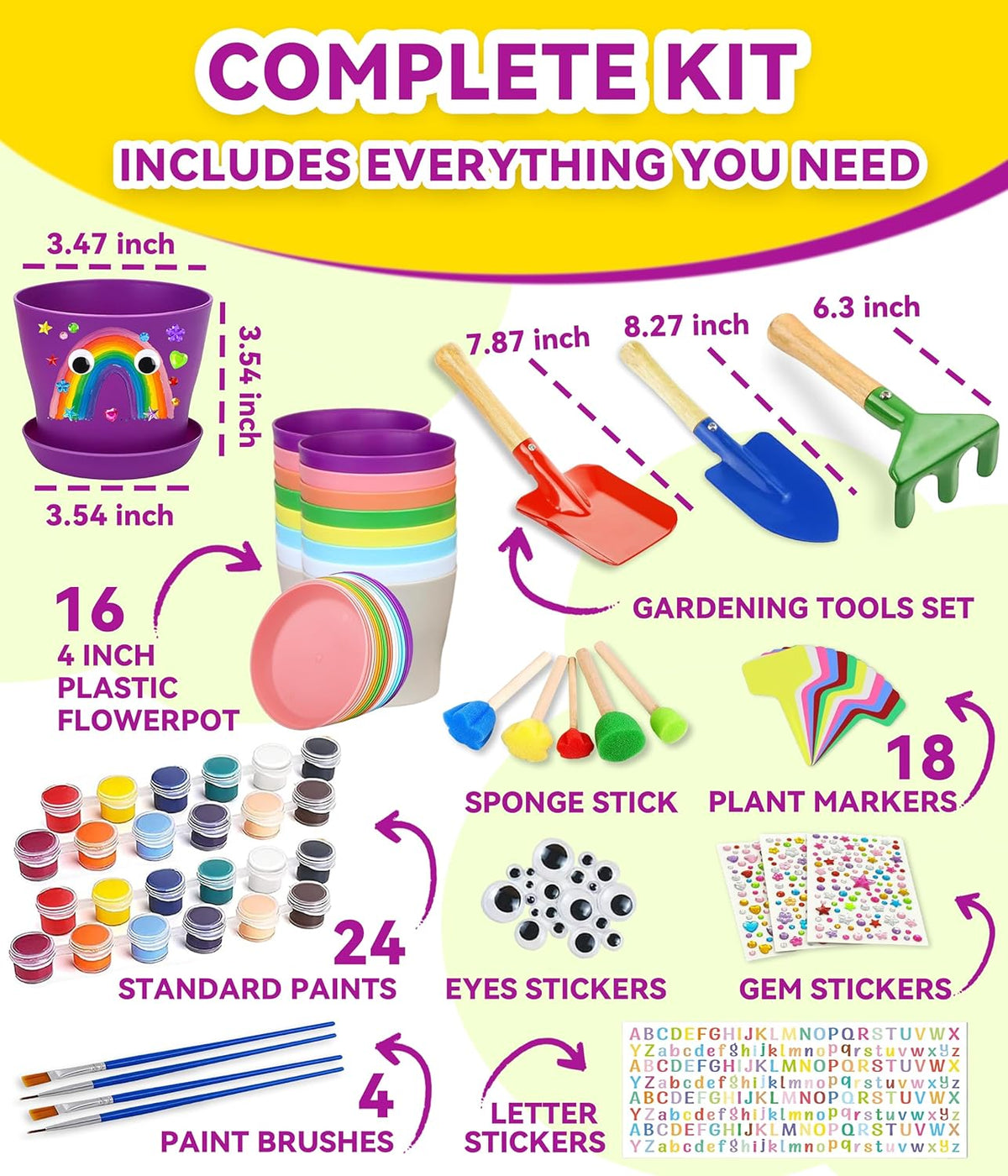 PAITIN Paint & Plant Garden Pot Craft Kit - 4 Inch Plant Pots, Kids Gardening Tools, Labels, Paints, Brushes, Gem & Eye Stickers - Perfect Spring Crafts Gifts for Women & Kids
