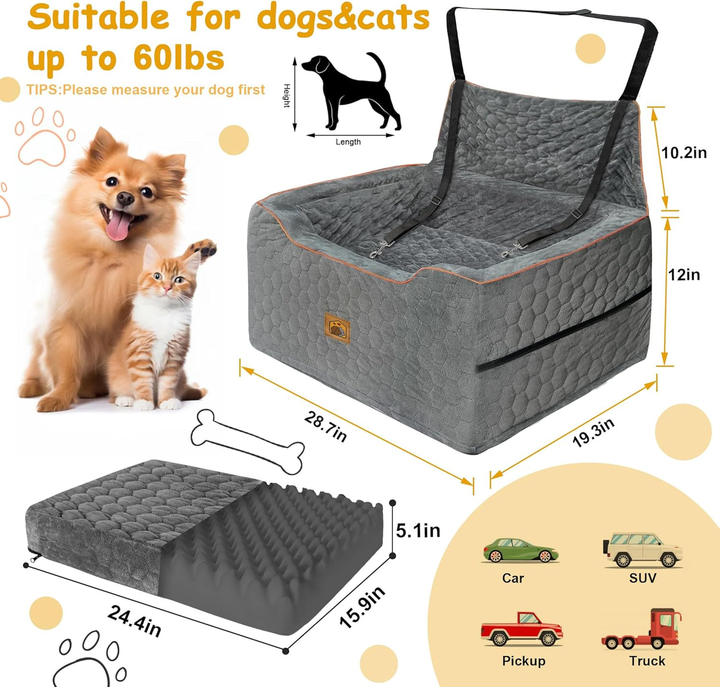 Dog Car Seat for Medium/Large Dog Booster Seat Under 60 lbs or 2 Small Dogs, Multi-Functional Pet Car Seat with Thick Cushion, 2 Safety Leashes (Gray) - Pet Explorer