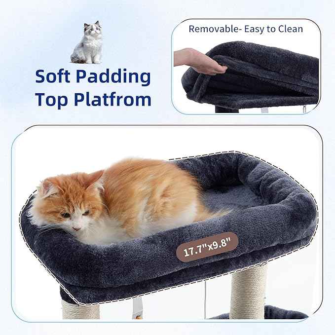 Cat Tree for Indoor Cats, 55.1 inch Cat Tower with 7 Sisal Scratching Posts, Multi-level Cat Condo wit Large Play Platform Furry Ball, Cat Cave, 2 Padded Perches, Basket, Smoky Gray GCT013G