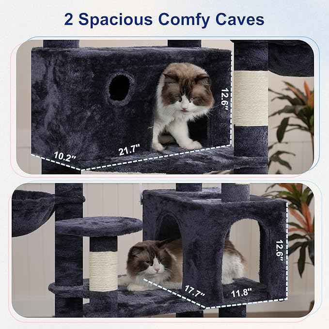 Tall Cat Tree, Large Cat Tower for Adult Cats, 80.7'' (205cm) Heavy-Duty Cat Tree House for Indoor Cats 20 lbs+ with Scratching Posts, 2 Top Perches/Condos, Hammcok, Smoky Gray GCT034G