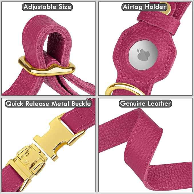Leather Airtag Dog Collar - Soft Tracking Dog Collar with Apple AirTag Holder and Metal Buckle - Safety GPS Pet Collars for Small Medium Large Dogs Puppy Pink Red (Pink, L, 17"-21" Neck Fit)