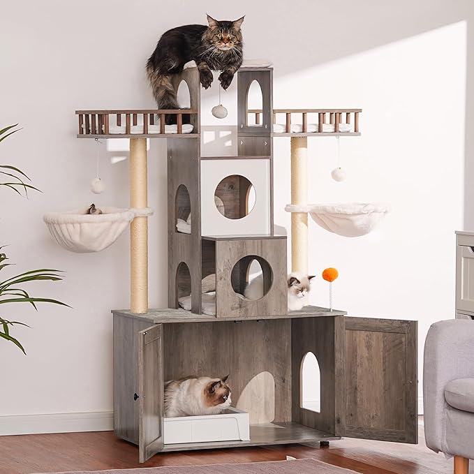 Heybly Cat Tree with Litter Box Enclosure for Indoor Big Cat, Cat Tower for Large Cats 20lbs Heavy Duty, Modern Cat Condo Furniture with Scratching Posts, Rustic Gray HCT110SG