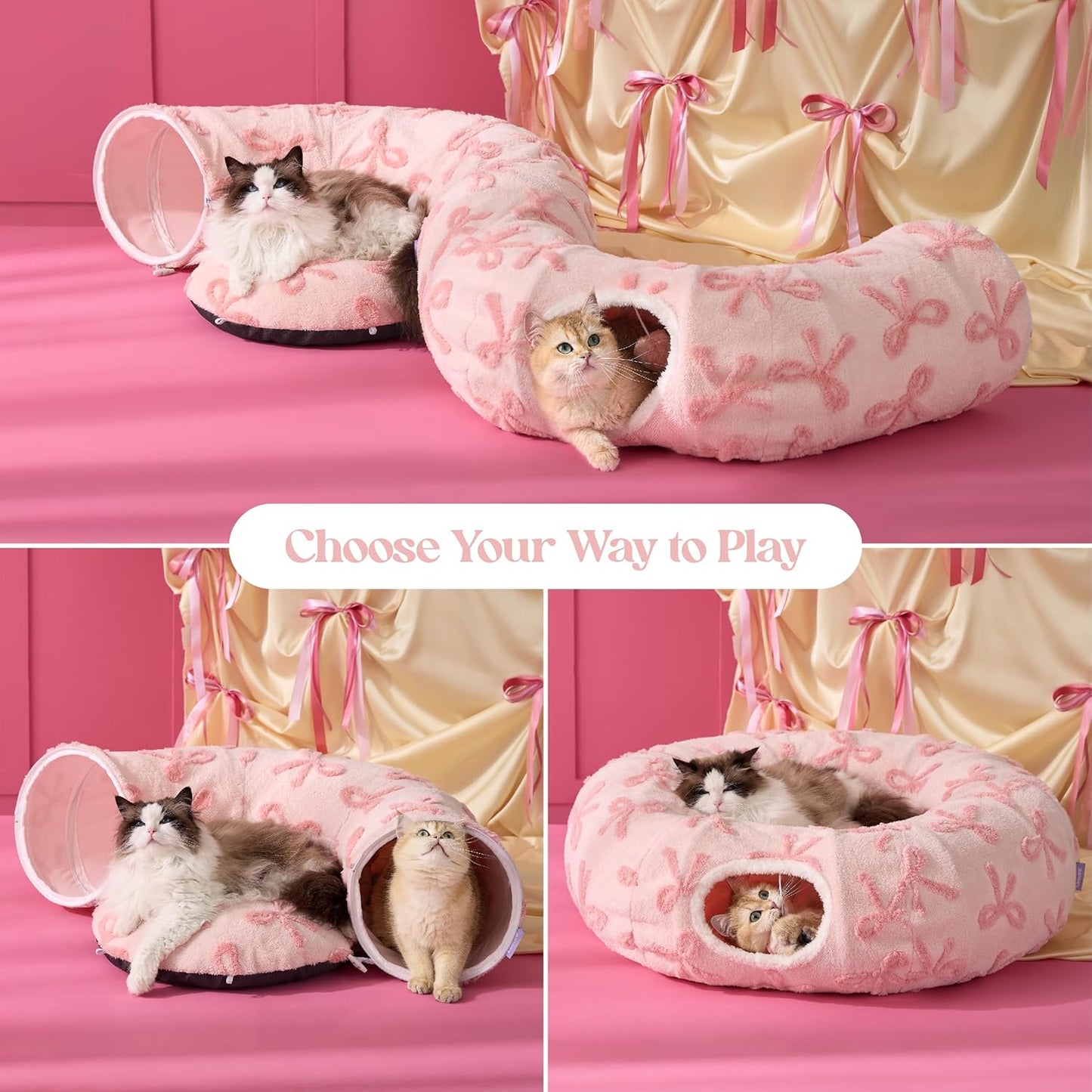 Lesure Cat Tunnel Bed for Indoor Cats - Cute Cat Donut Tunnel Toys with Washable Circle Cushion, Round Pet Peekaboo Cave Toy for Kitten/Puppy/Rabbit, Standard Pink Taffy - Pet Explorer